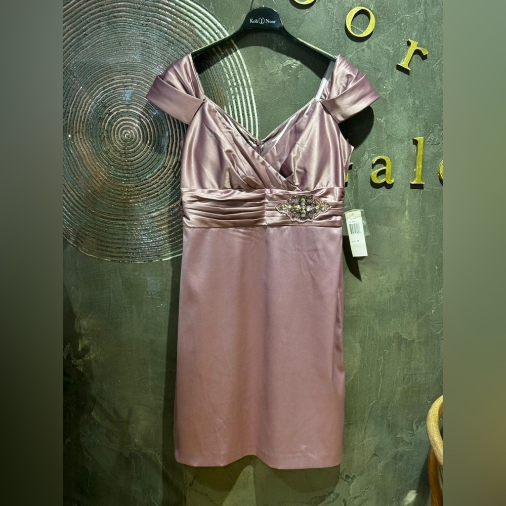 Patra prom formal Mauve Satin Off-Shoulder mini Dress size 16